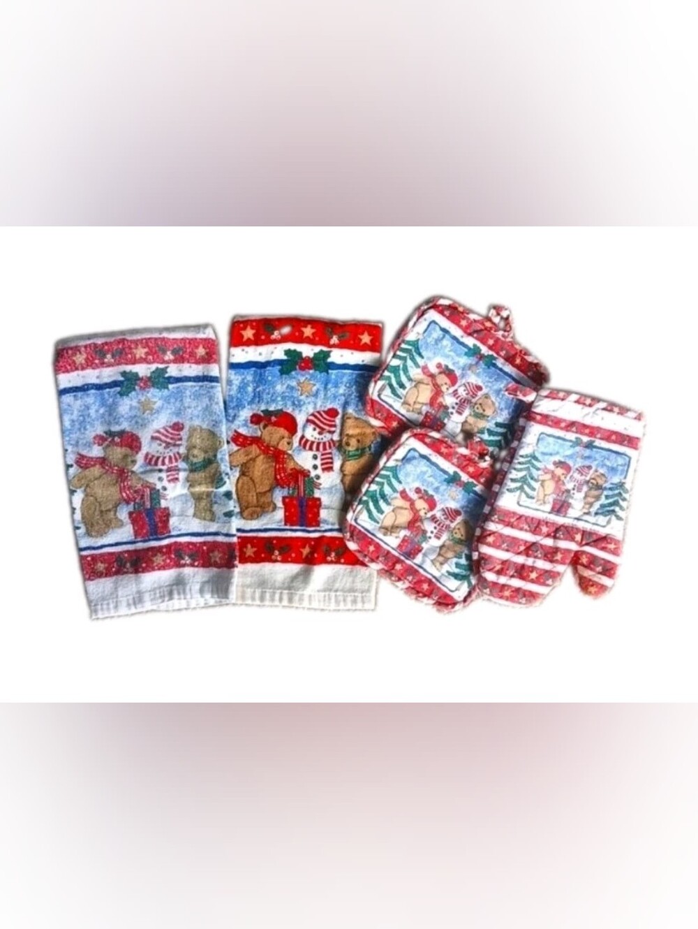 Signature Vtg Holiday Towel & Potholder Set Red White Bears Building a Snowman